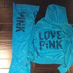 VS Pink Track suit. Blue sequins.